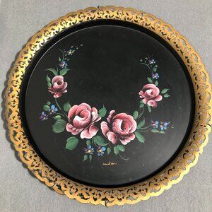 Vintage Nashco Round Floral Hand-Painted Tole Tray - 12" Diameter